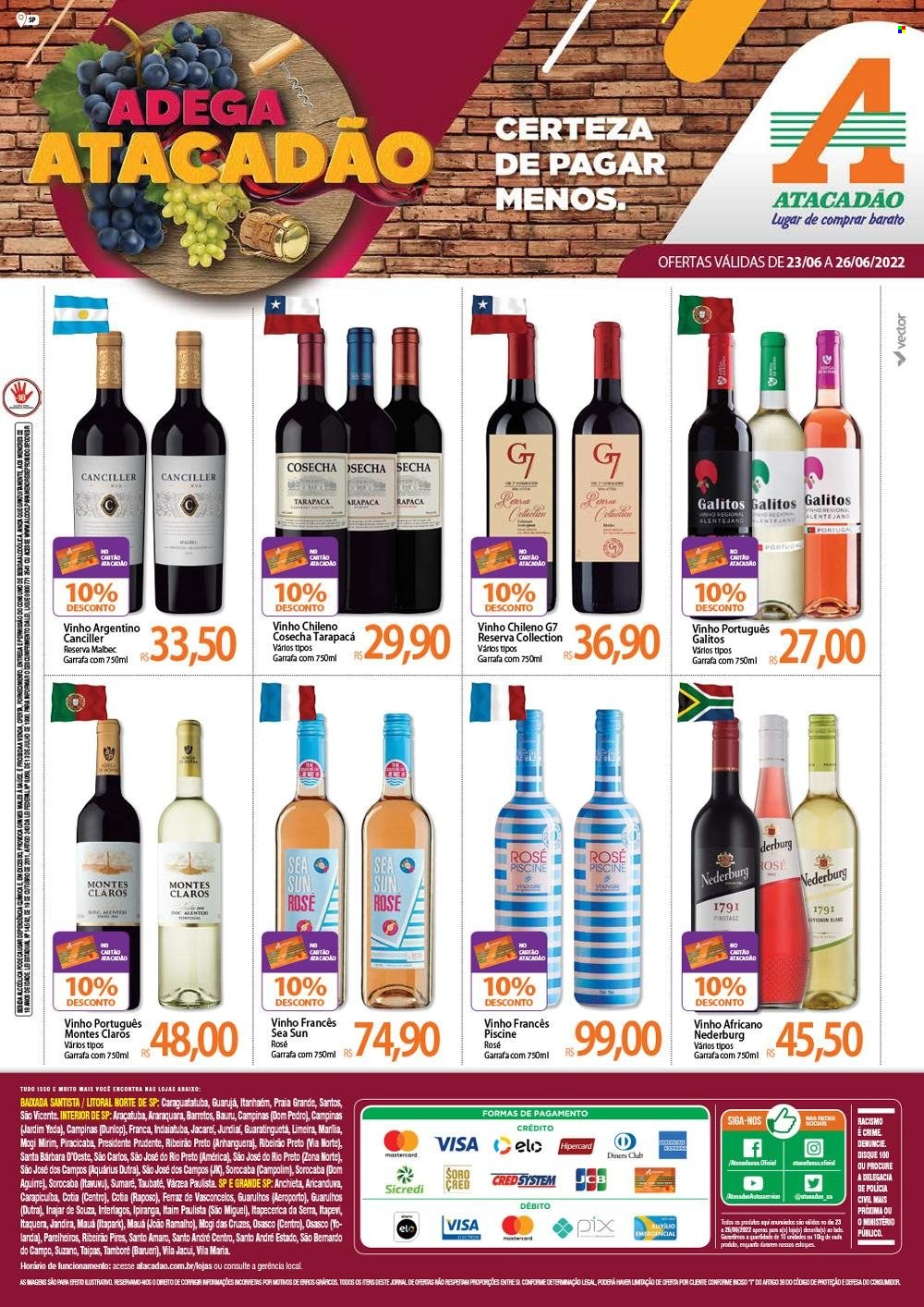 Folheto Atacadão - 23/06/2022 - 26/06/2022 - Produtos em promoção - vinho, vinho argentino, vinho chileno, vinho português, vinho tinto, malbec, garrafa. Página 1.
