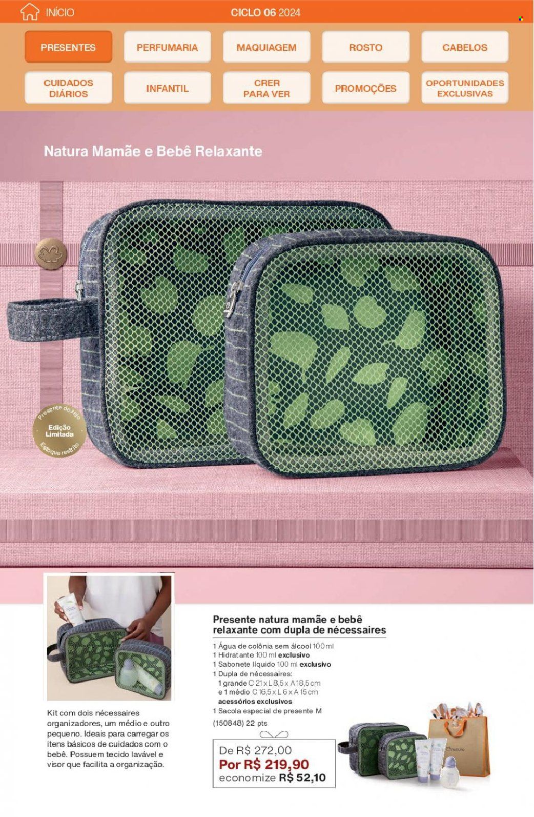 thumbnail - Folheto Natura - Produtos em promoção - sabonete, sabonete liquido, sacola, maquiagem, água de colonia. Página 12.