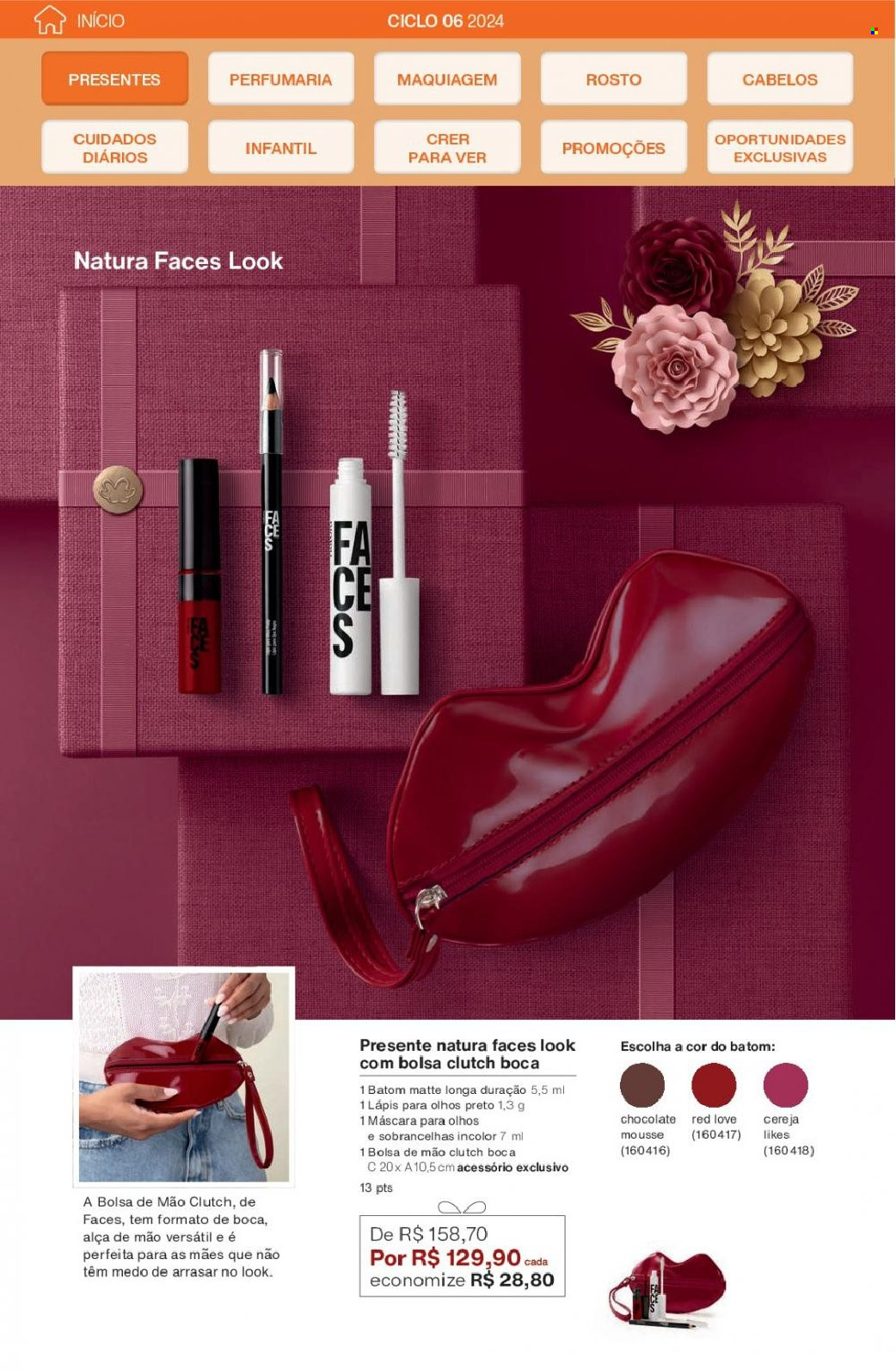thumbnail - Folheto Natura - Produtos em promoção - máscara, maquiagem, lápis, clutch. Página 28.