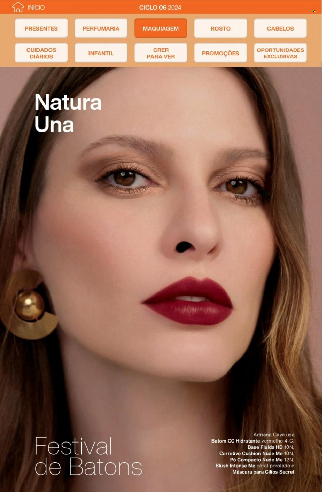 thumbnail - Folheto Natura - Produtos em promoção - batom, pó compacto, máscara para cílios, blush, maquiagem. Página 74.