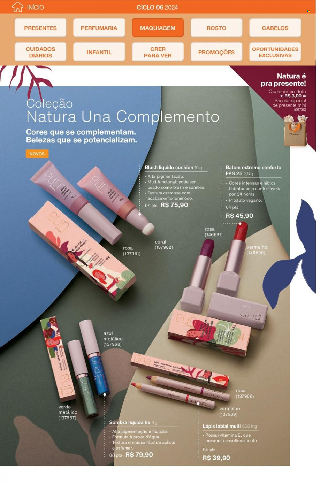 thumbnail - Folheto Natura - Produtos em promoção - batom, sacola, lápis labial, blush, maquiagem, lápis. Página 79.