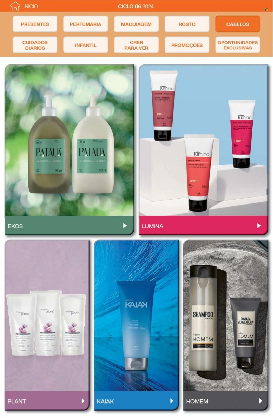 thumbnail - Folheto Natura - Produtos em promoção - creme para assaduras, shampoo, pomada modeladora, maquiagem. Página 106.
