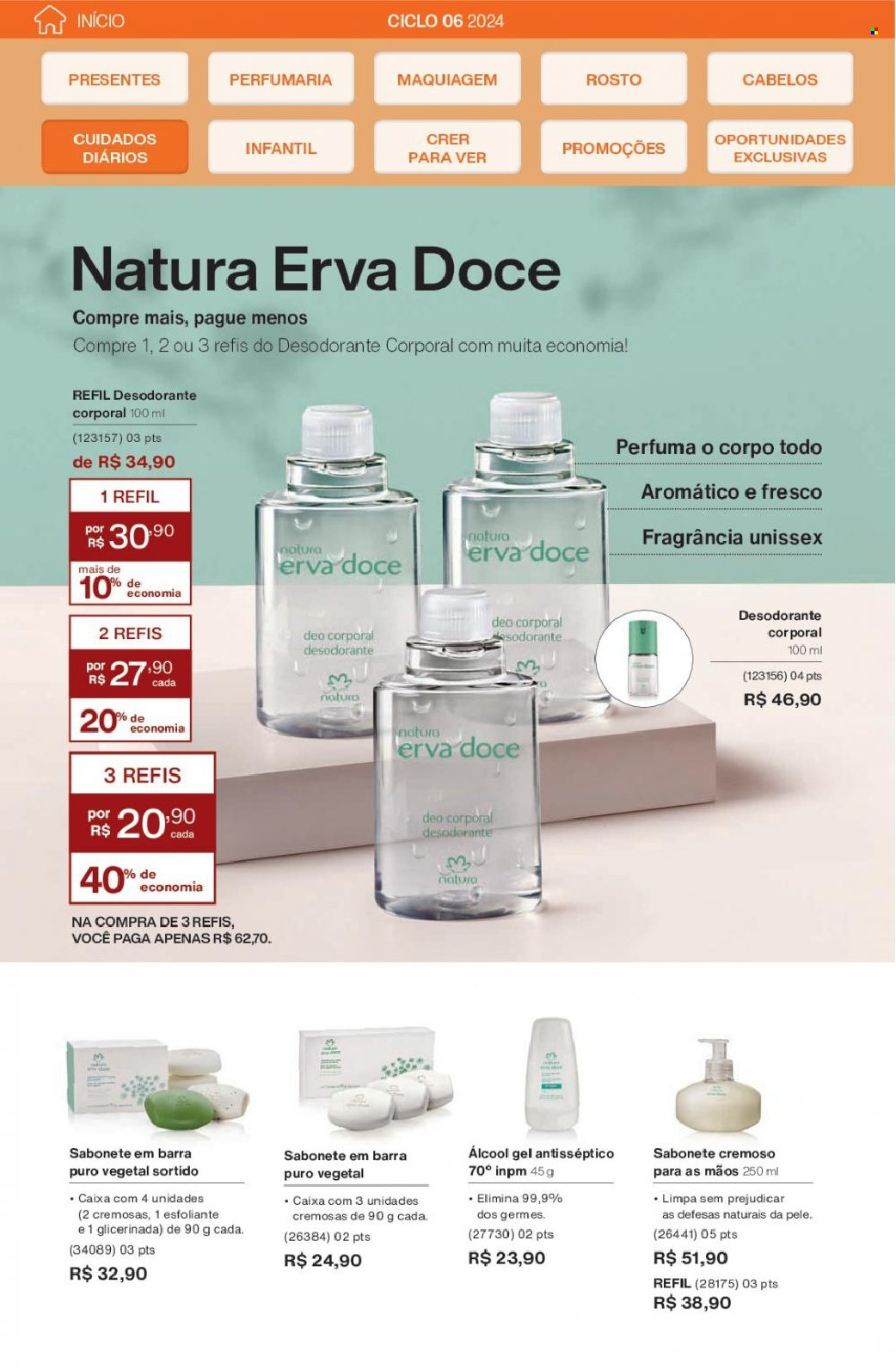 thumbnail - Folheto Natura - Produtos em promoção - sabonete, sabonete em barra, gel antisséptico, maquiagem, desodorante, antitranspirante, refil desodorante. Página 146.