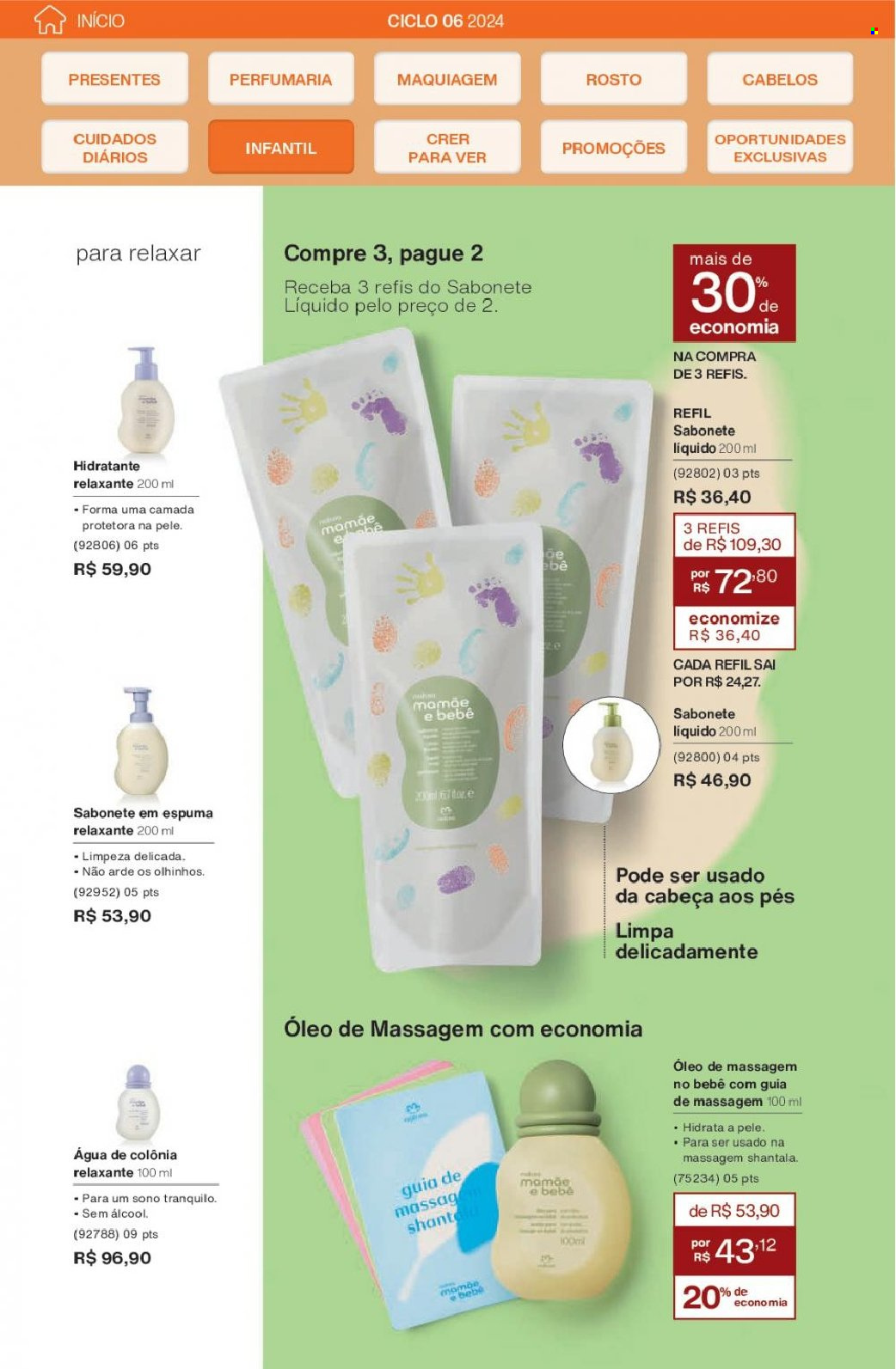 thumbnail - Folheto Natura - Produtos em promoção - sabonete, sabonete liquido, óleo de massagem, maquiagem, água de colonia. Página 153.