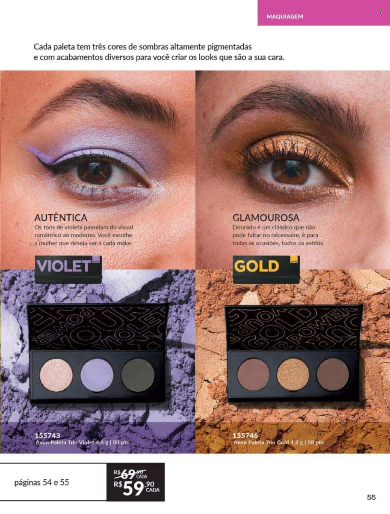 thumbnail - Folheto Avon - Produtos em promoção - Avon, palette de sombras, maquiagem. Página 55.