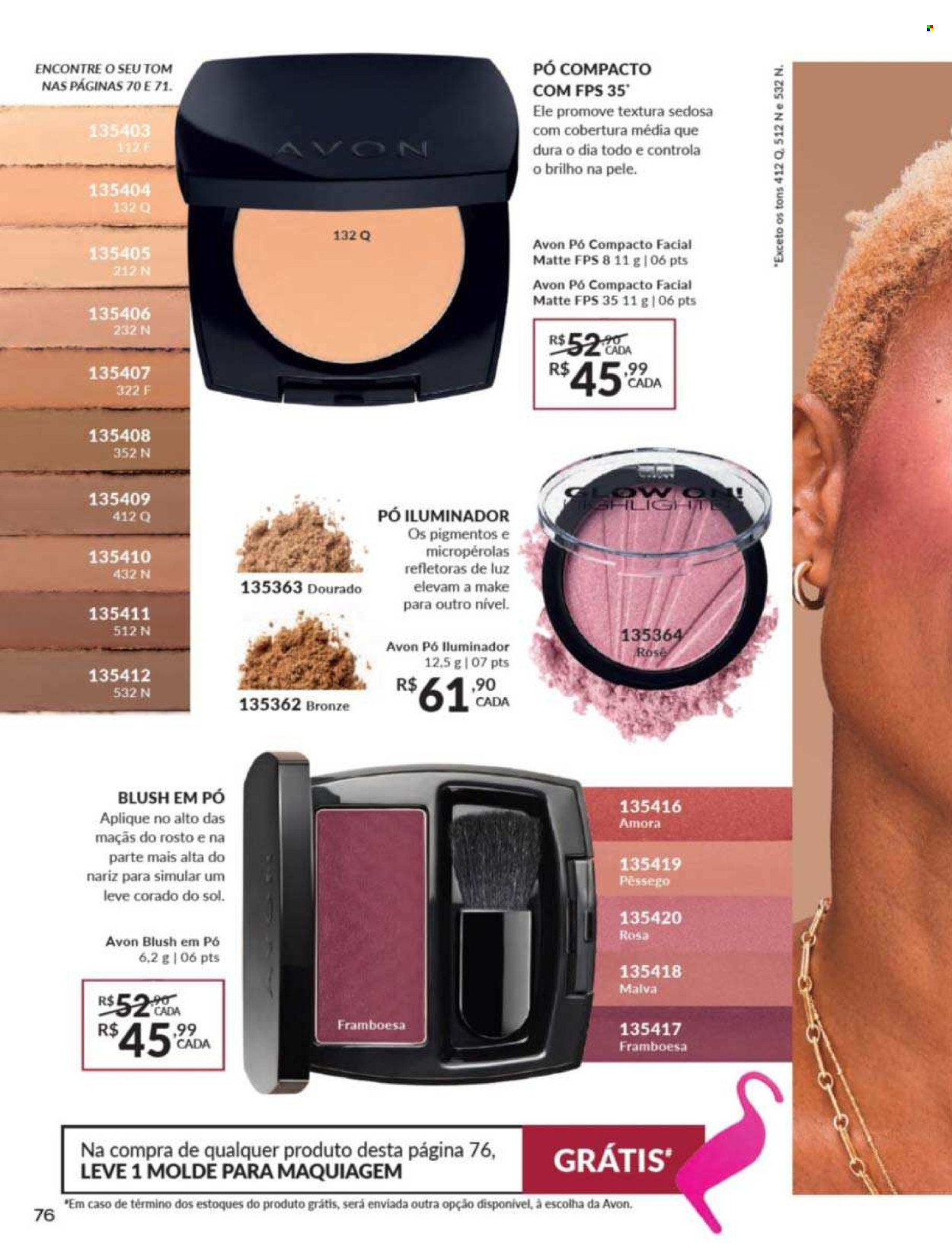 thumbnail - Folheto Avon - Produtos em promoção - Avon, iluminador, pó compacto, blush, maquiagem. Página 76.