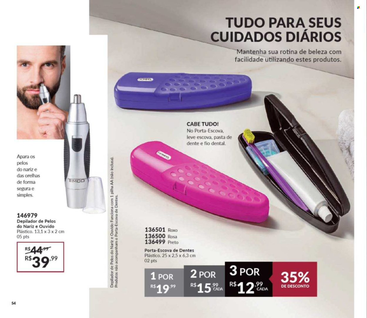 thumbnail - Folheto Avon - Produtos em promoção - fio dental, escova dental, porta escovas, depiladora. Página 54.