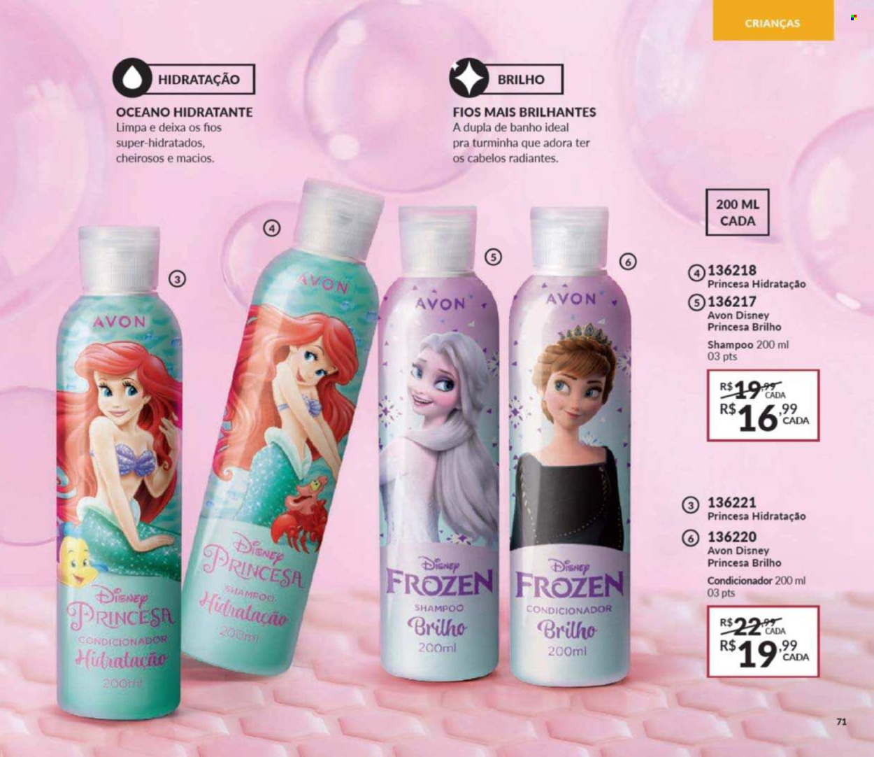 thumbnail - Folheto Avon - Produtos em promoção - Frozen, Disney, shampoo, Avon, condicionador. Página 71.