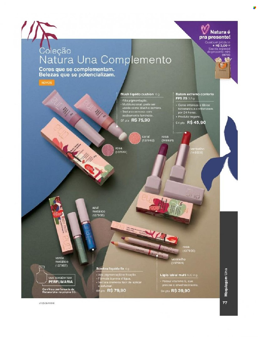 thumbnail - Folheto Natura - Produtos em promoção - batom, sacola, lápis labial, blush, maquiagem, lápis. Página 77.