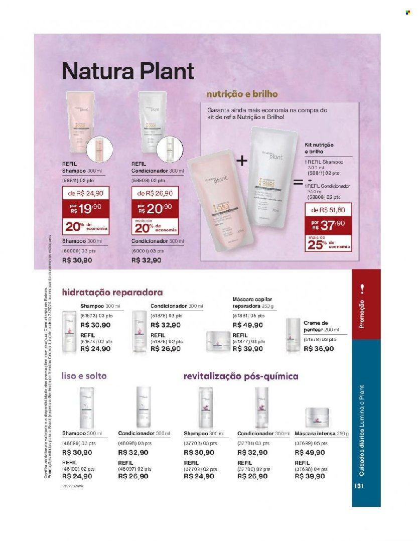 thumbnail - Folheto Natura - Produtos em promoção - shampoo, creme, máscara, creme de pentear, condicionador, máscara capilar. Página 131.