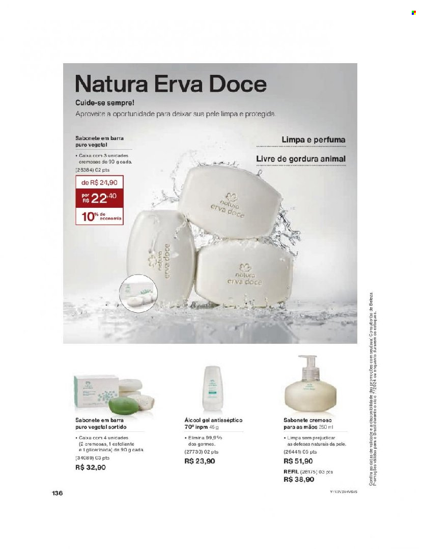 thumbnail - Folheto Natura - Produtos em promoção - sabonete, sabonete em barra, gel antisséptico. Página 136.