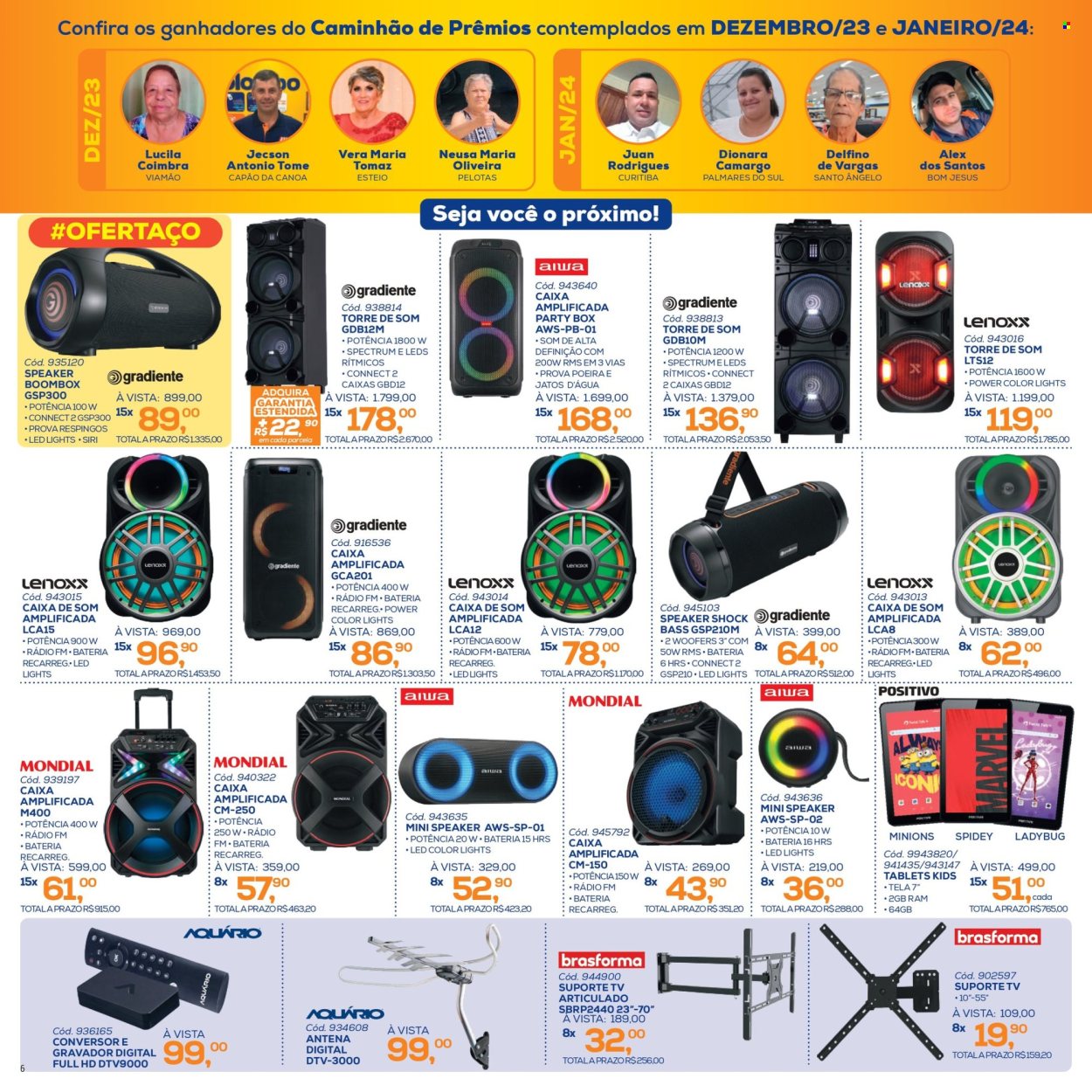 thumbnail - Folheto Lojas Colombo - 01/04/2024 - 30/04/2024 - Produtos em promoção - Marvel, aquário, tablet, televisor (TV), caixa de som, carro brinquedo. Página 6.