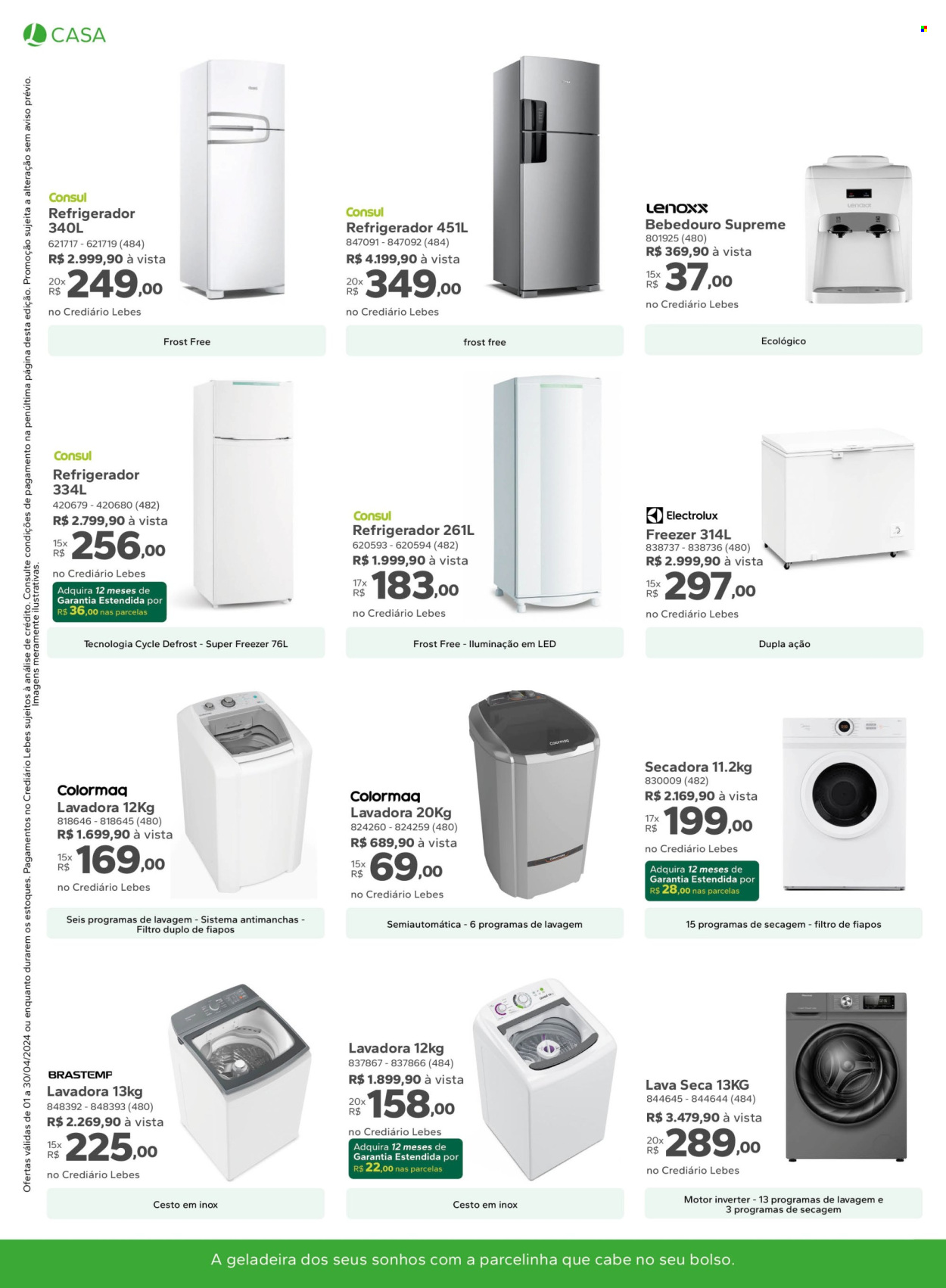 thumbnail - Folheto Lojas Lebes - 01/04/2024 - 30/04/2024 - Produtos em promoção - Brastemp, Electrolux, bebedouro, refrigerador, máquina de lavar roupa. Página 8.