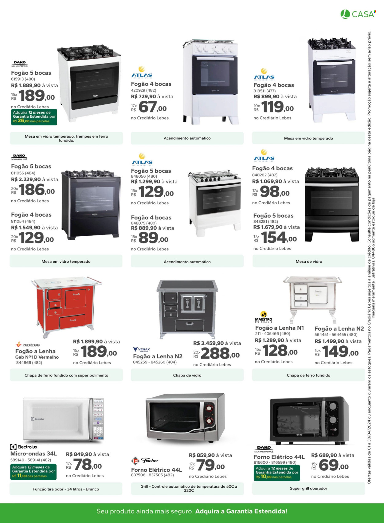 thumbnail - Folheto Lojas Lebes - 01/04/2024 - 30/04/2024 - Produtos em promoção - micro ondas, Electrolux, fogão, faca, forno, forno elétrico, ferro de passar, grelhador. Página 9.
