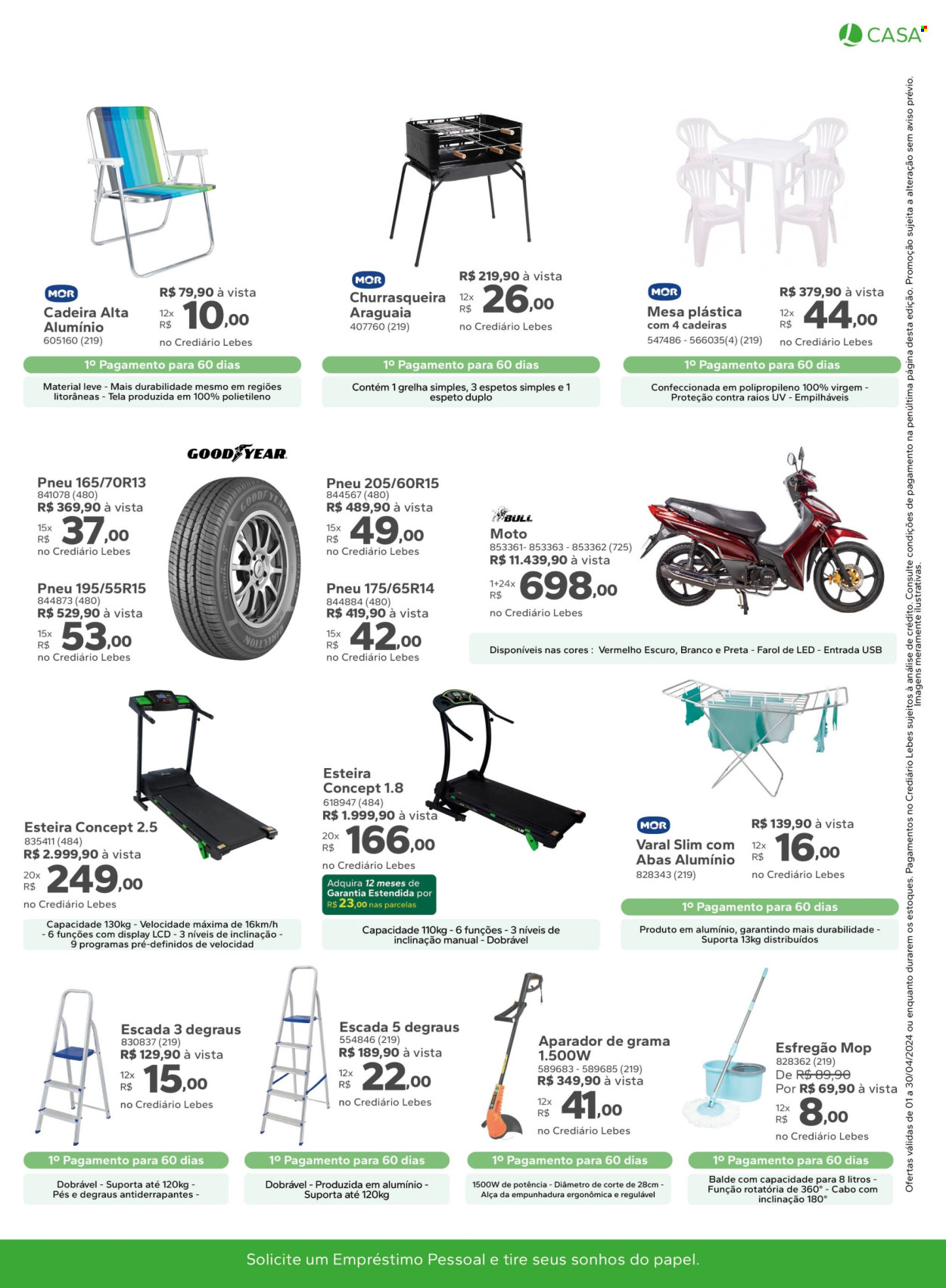 thumbnail - Folheto Lojas Lebes - 01/04/2024 - 30/04/2024 - Produtos em promoção - espeto, esteira, aparador, mesa, cadeira, grelha, churrasqueira, grelhador, pneu. Página 11.
