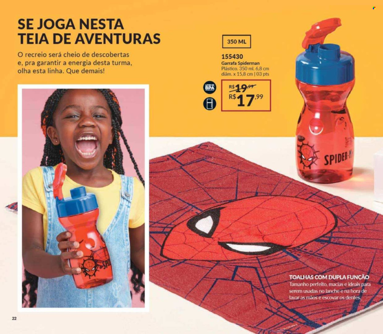 thumbnail - Folheto Avon - Produtos em promoção - Spiderman, garrafa, toalha. Página 22.