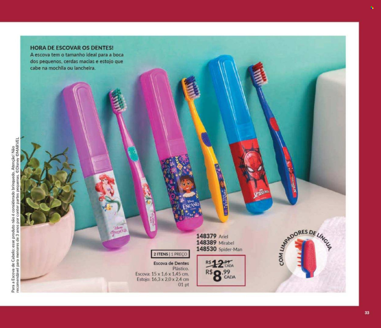 thumbnail - Folheto Avon - Produtos em promoção - Disney, Ariel, escova dental, escova de cabelo, lancheira. Página 33.