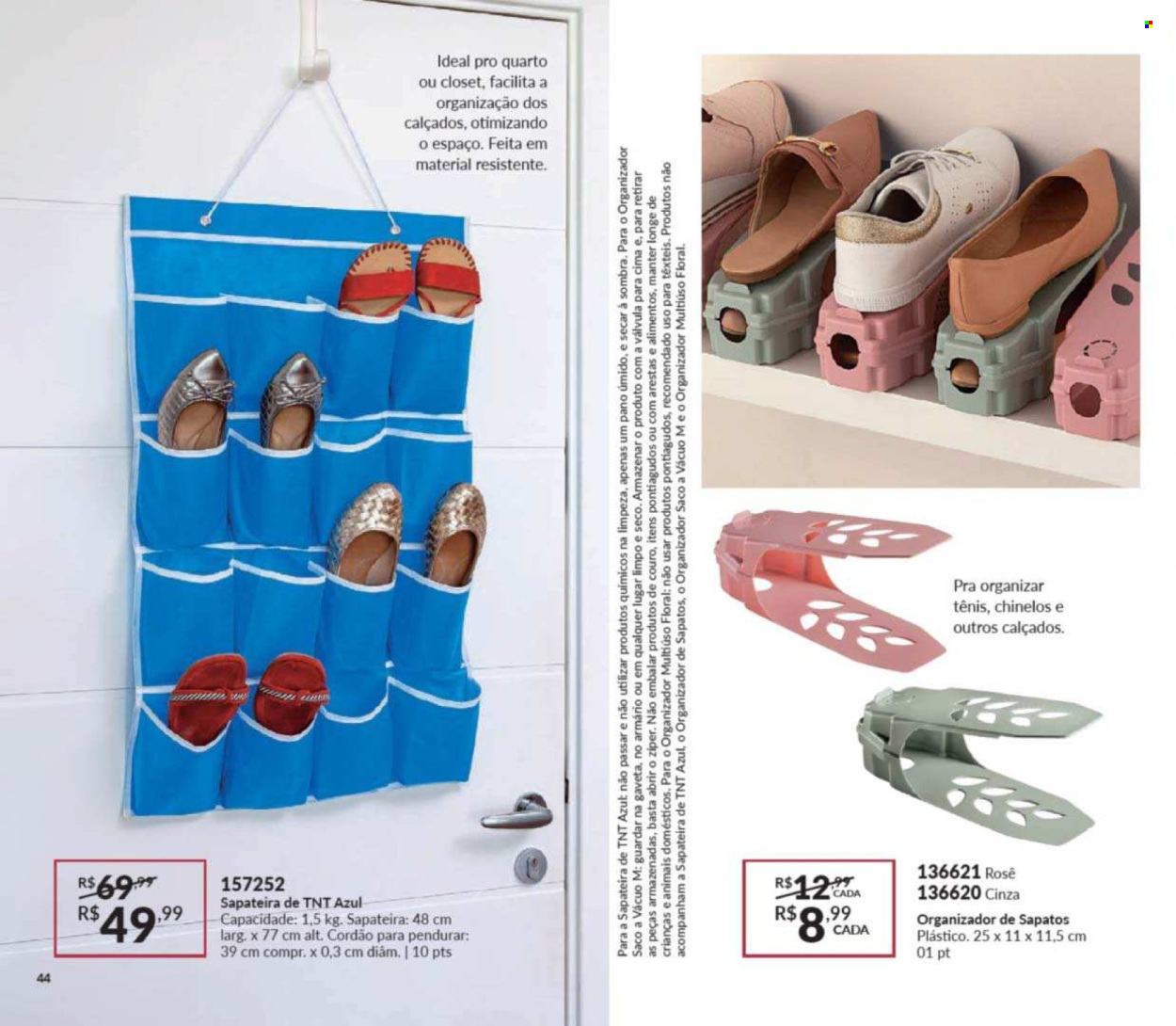 thumbnail - Folheto Avon - Produtos em promoção - sacola, saco a vácuo, chinelo, tênis, sapatos, calçados. Página 44.