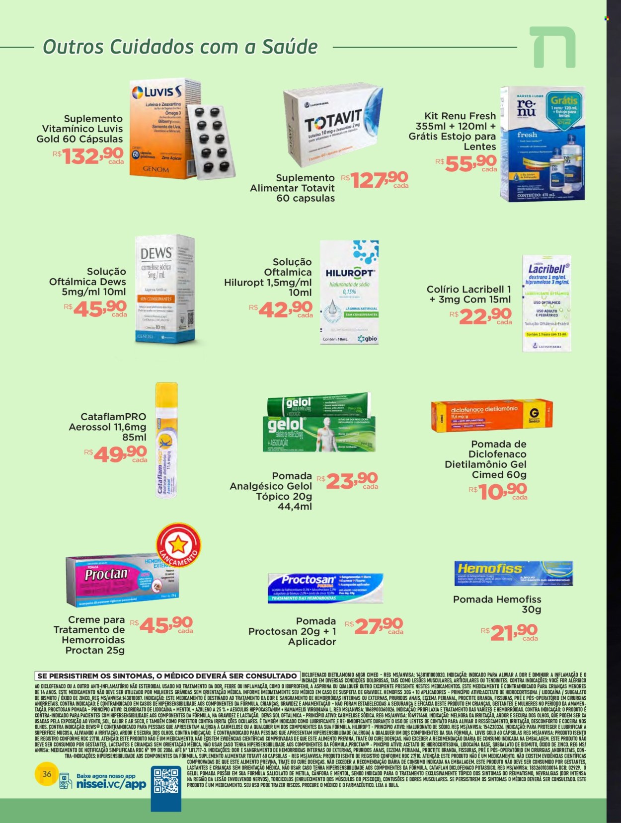 thumbnail - Folheto Farmácias Nissei - 01/04/2024 - 01/05/2024 - Produtos em promoção - suplemento alimentar, creme para assaduras, creme, Aspirina, Diclofenaco, suplemento de vitaminas, Ibuprofeno, lentes de contato. Página 36.