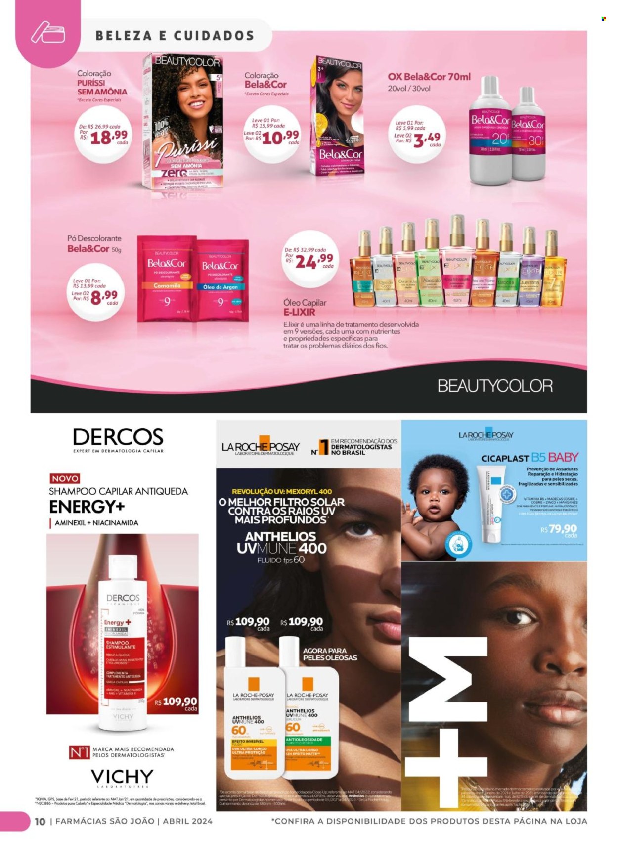 thumbnail - Folheto Farmácias São João - 01/04/2024 - 30/04/2024 - Produtos em promoção - shampoo, L’Oréal, creme, Vichy, La Roche-Posay, tinta de cabelo, Anthelios. Página 10.