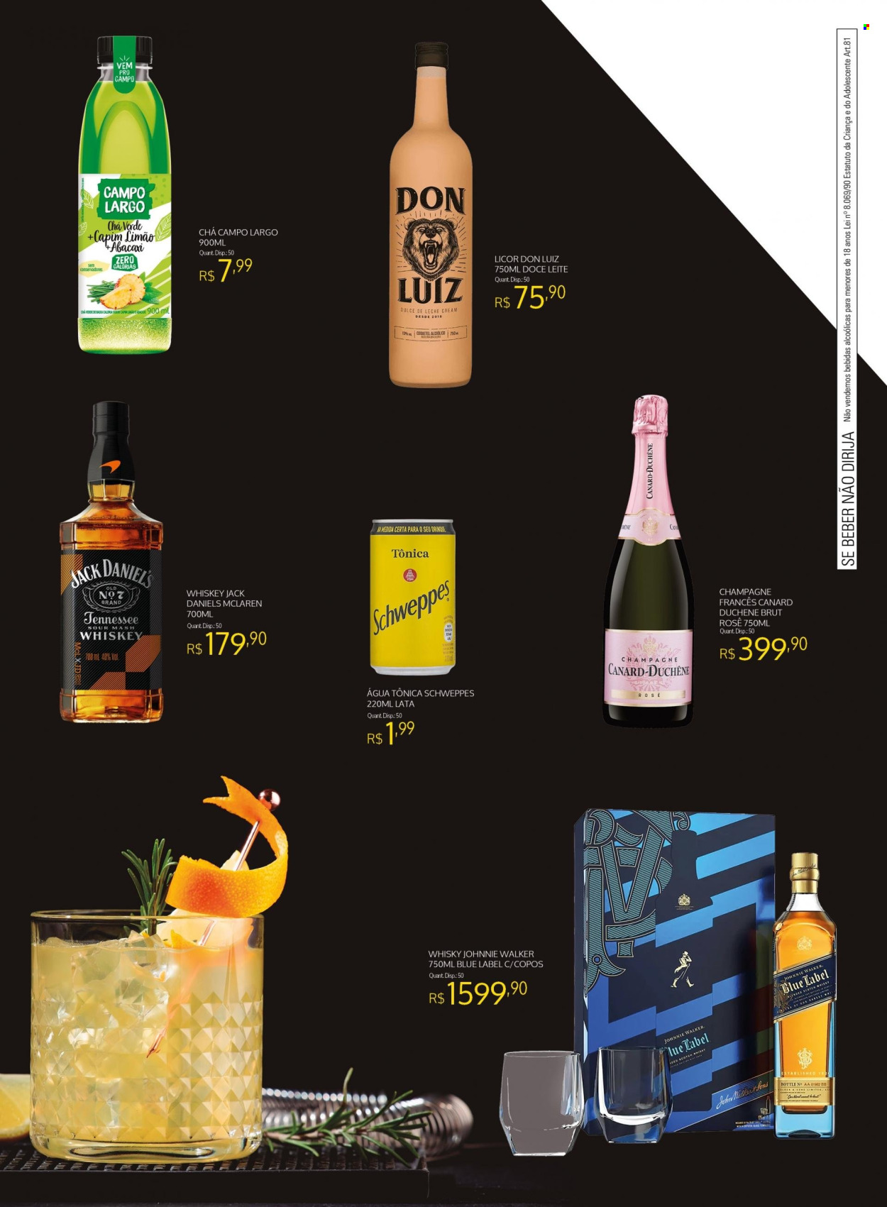thumbnail - Folheto Bistek Supermercados - 03/04/2024 - 30/04/2024 - Produtos em promoção - bebida alcoólica, abacaxi, Schweppes, água tónica, chá, chá verde, champagne, vinho rosé, Jack Daniel's, whiskey, scotch whisky, Johnnie Walker, liqueur. Página 6.