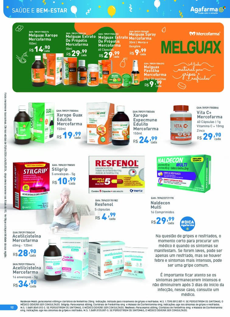 thumbnail - Folheto Agafarma - 05/04/2024 - 04/05/2024 - Produtos em promoção - Paracetamol, Vita C, Vitamina C, xarope, Acetilcisteína, Resfenol, Naldecon, extrato de própolis. Página 12.