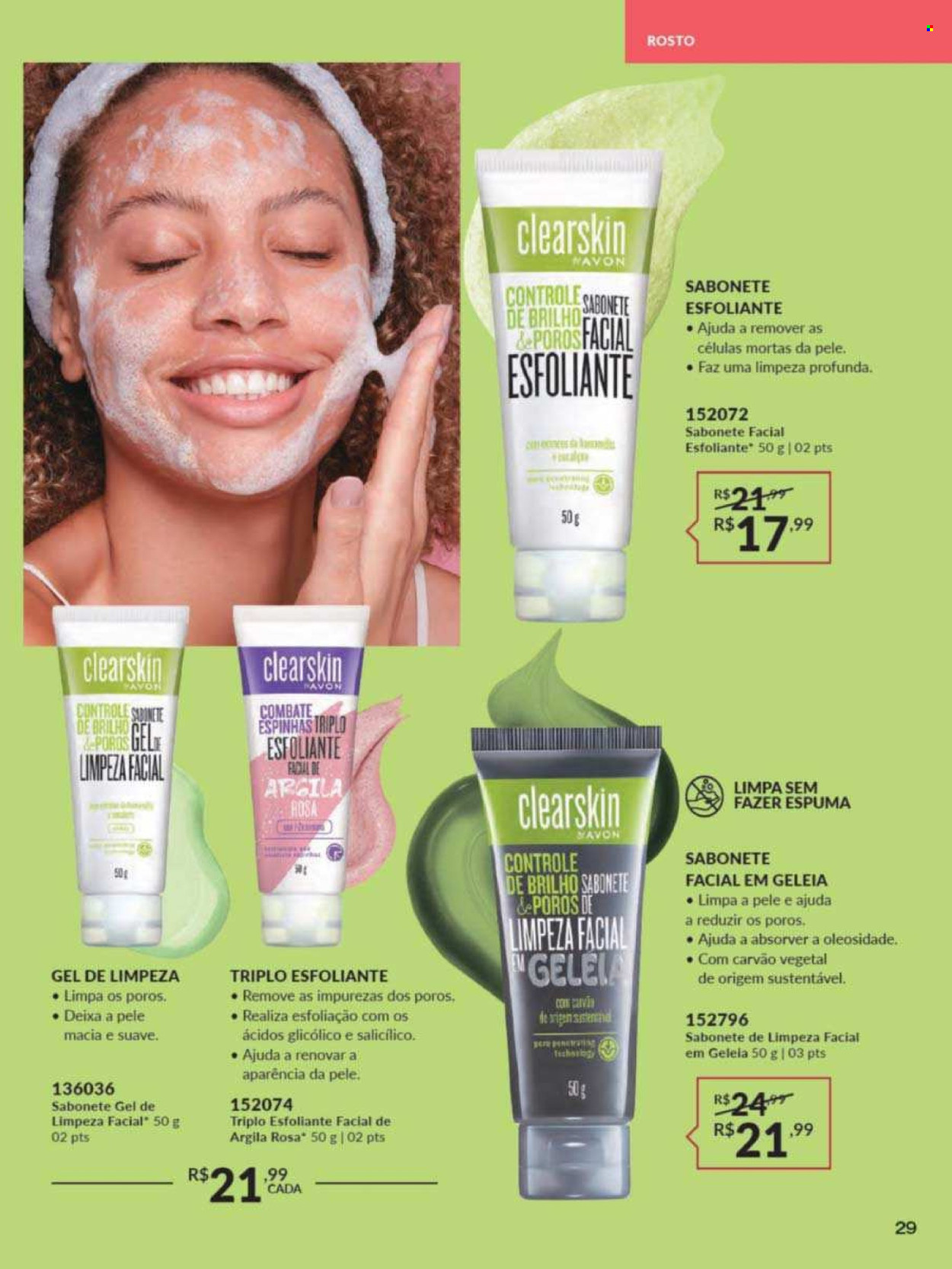 thumbnail - Folheto Avon - Produtos em promoção - sabonete, Avon, gel de limpeza, esfoliante facial. Página 29.