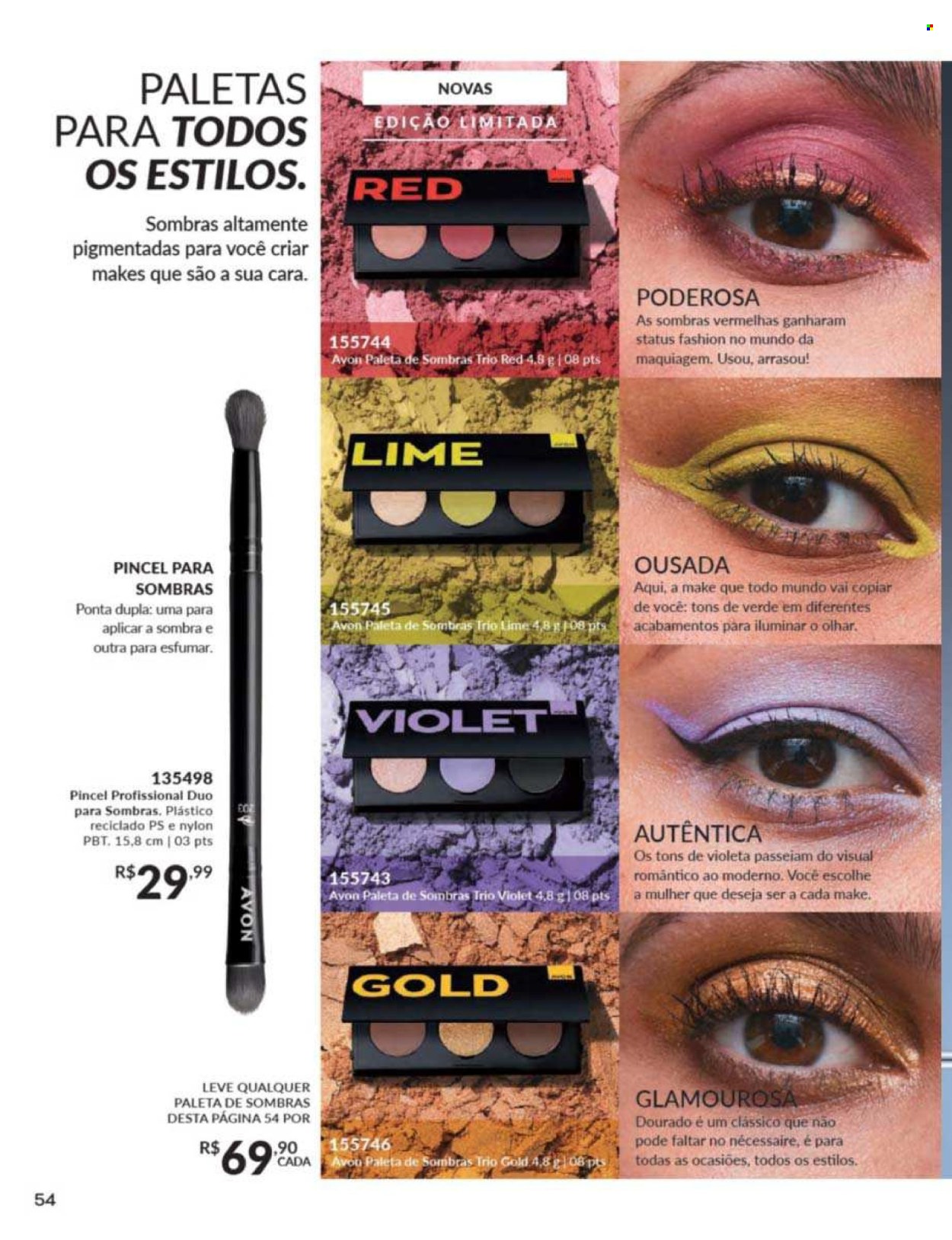 thumbnail - Folheto Avon - Produtos em promoção - Avon, palette de sombras, pincel, maquiagem. Página 54.