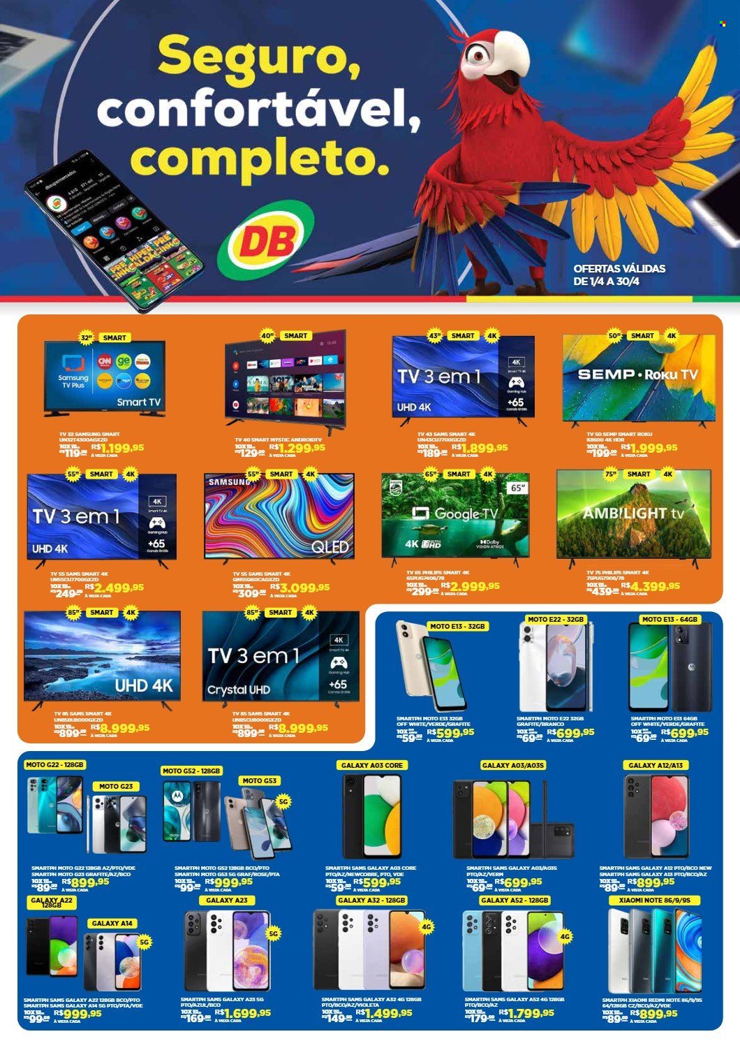 thumbnail - Folheto Hiper DB - 01/04/2024 - 30/04/2024 - Produtos em promoção - Samsung, Samsung Galaxy, Redmi, Samsung Galaxy A32, Smart TV, QLED TV. Página 1.