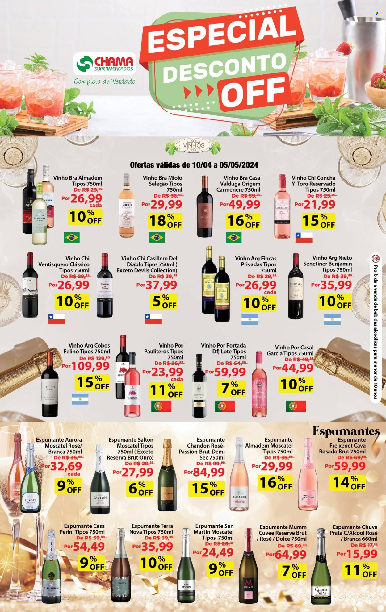 thumbnail - Folheto Chama Supermercados - 10/04/2024 - 05/05/2024 - Produtos em promoção - bebida alcoólica, Aurora, vinho, espumante, moscatel, Salton. Página 1.