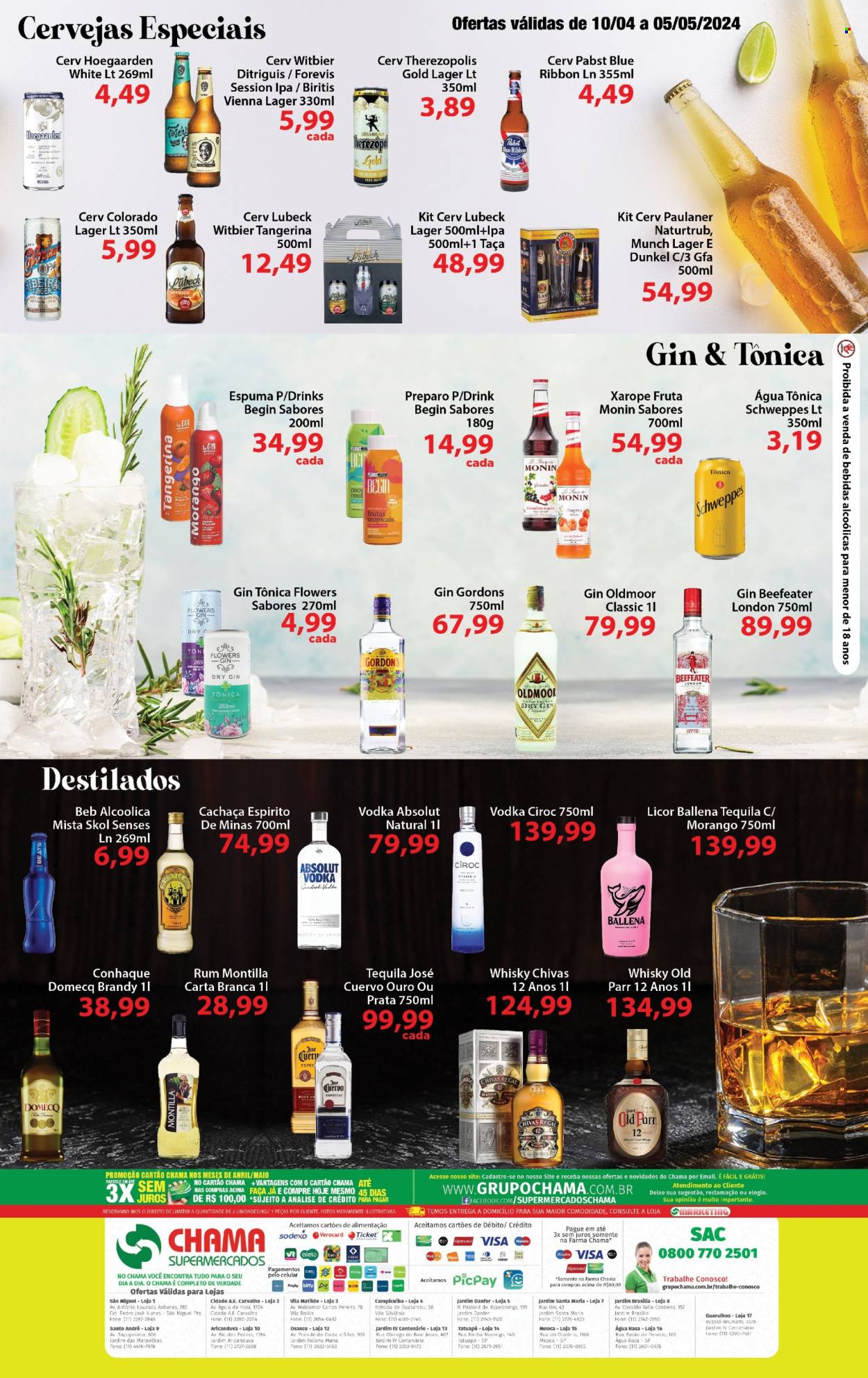 thumbnail - Folheto Chama Supermercados - 10/04/2024 - 05/05/2024 - Produtos em promoção - Hoegaarden, Skol, cerveja, bebida alcoólica, cordeiro, xarope, Schweppes, água tónica, Absolut Vodka, Beefeater, Cognac, gin, vodka, whiskey, tequila, scotch whisky, rum, brandy, Cachaça, liqueur, Gordon’s, Chivas Regal. Página 2.