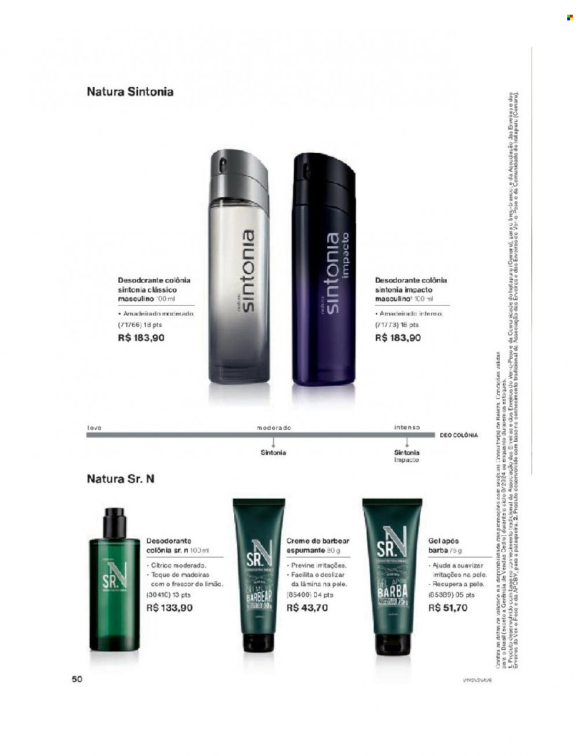 thumbnail - Folheto Natura - Produtos em promoção - creme, desodorante, antitranspirante, água de colonia, creme de barbear. Página 50.