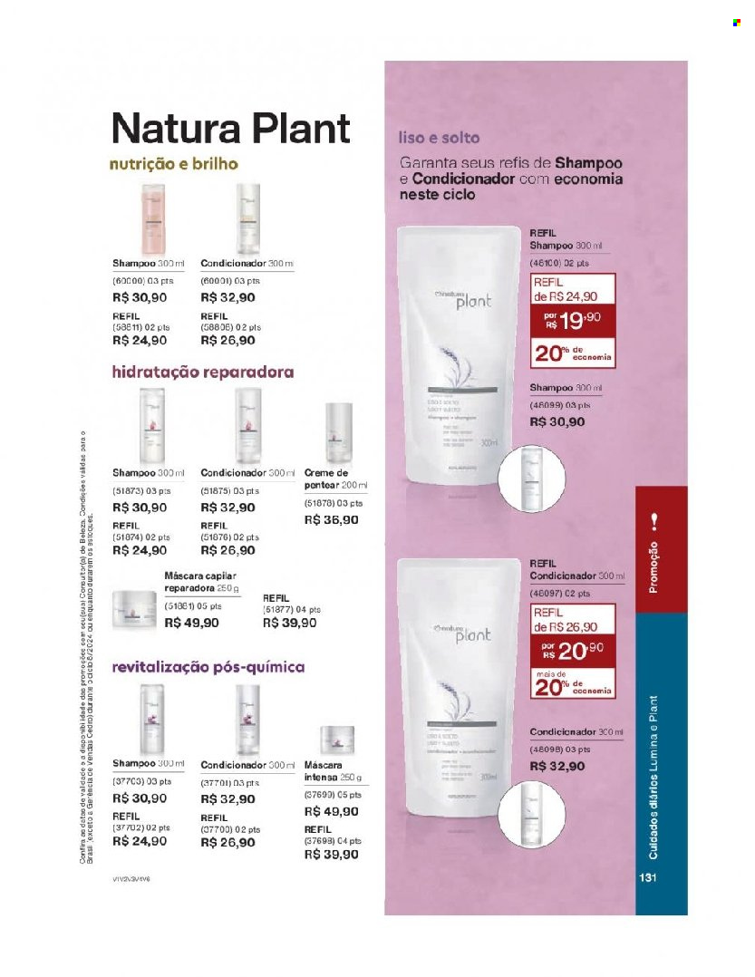 thumbnail - Folheto Natura - Produtos em promoção - shampoo, shampoo e condicionador, creme, máscara, máscara capilar. Página 131.