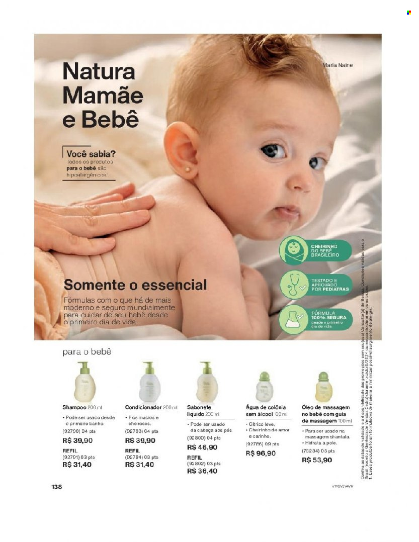 thumbnail - Folheto Natura - Produtos em promoção - sabonete, shampoo, condicionador, óleo de massagem, água de colonia. Página 138.