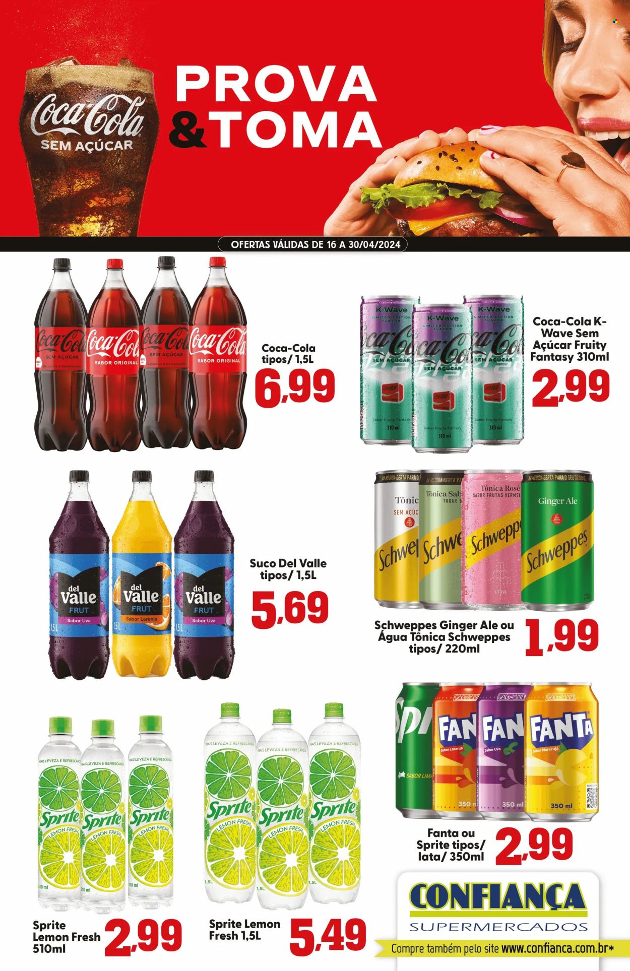 thumbnail - Folheto Confiança Supermercados - 16/04/2024 - 30/04/2024 - Produtos em promoção - ginger ale, suco, Coca Cola, Fanta, Schweppes, Sprite, água tónica. Página 1.