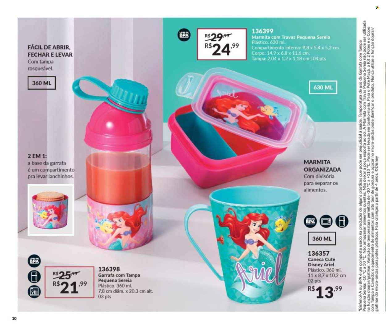 thumbnail - Folheto Avon - Produtos em promoção - Disney, Ariel, garrafa, caneca, lancheira. Página 10.