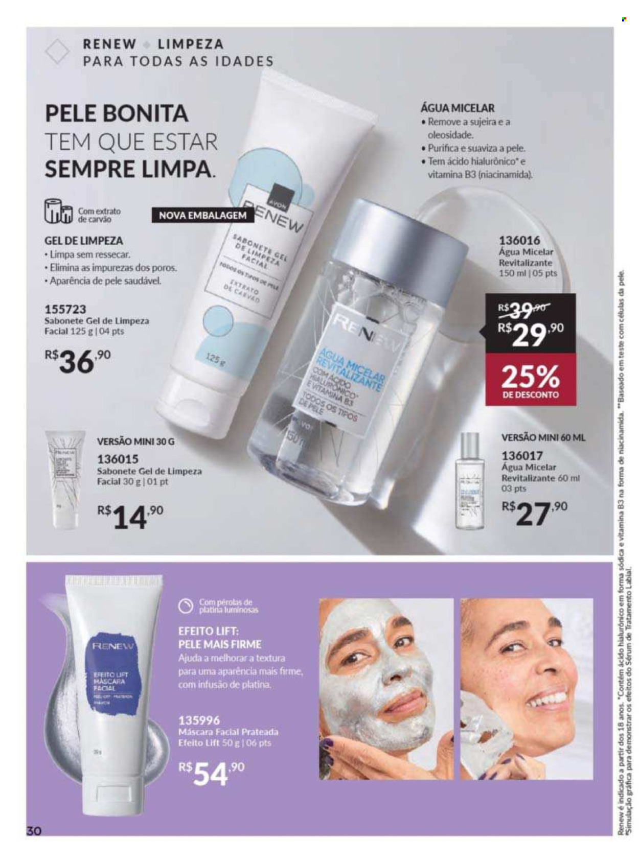 thumbnail - Folheto Avon - Produtos em promoção - sabonete, Avon, água micelar, máscara, gel de limpeza, sérum, Renew, máscara facial. Página 28.