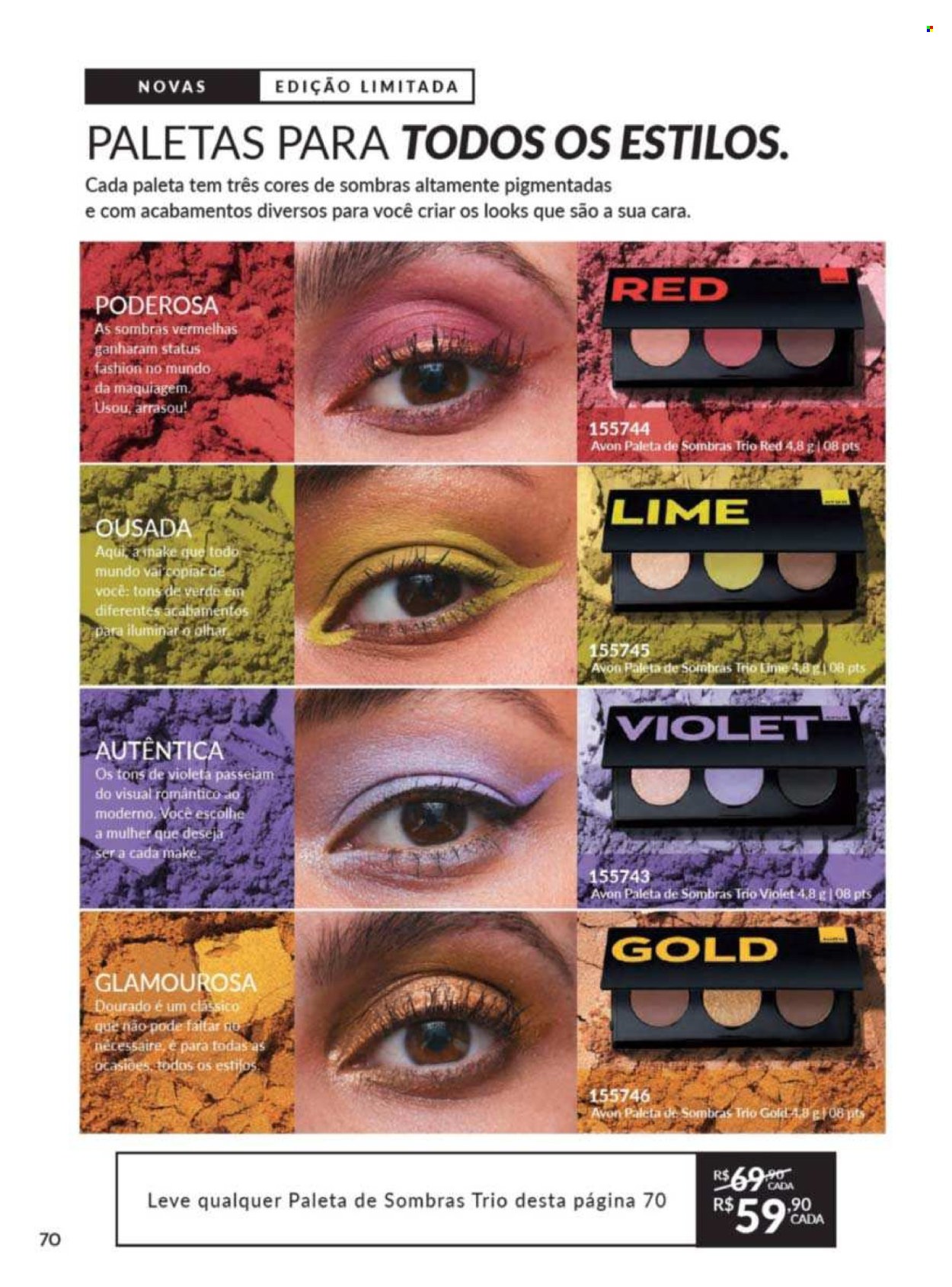 thumbnail - Folheto Avon - Produtos em promoção - Avon, palette de sombras, nécessaire, maquiagem. Página 68.