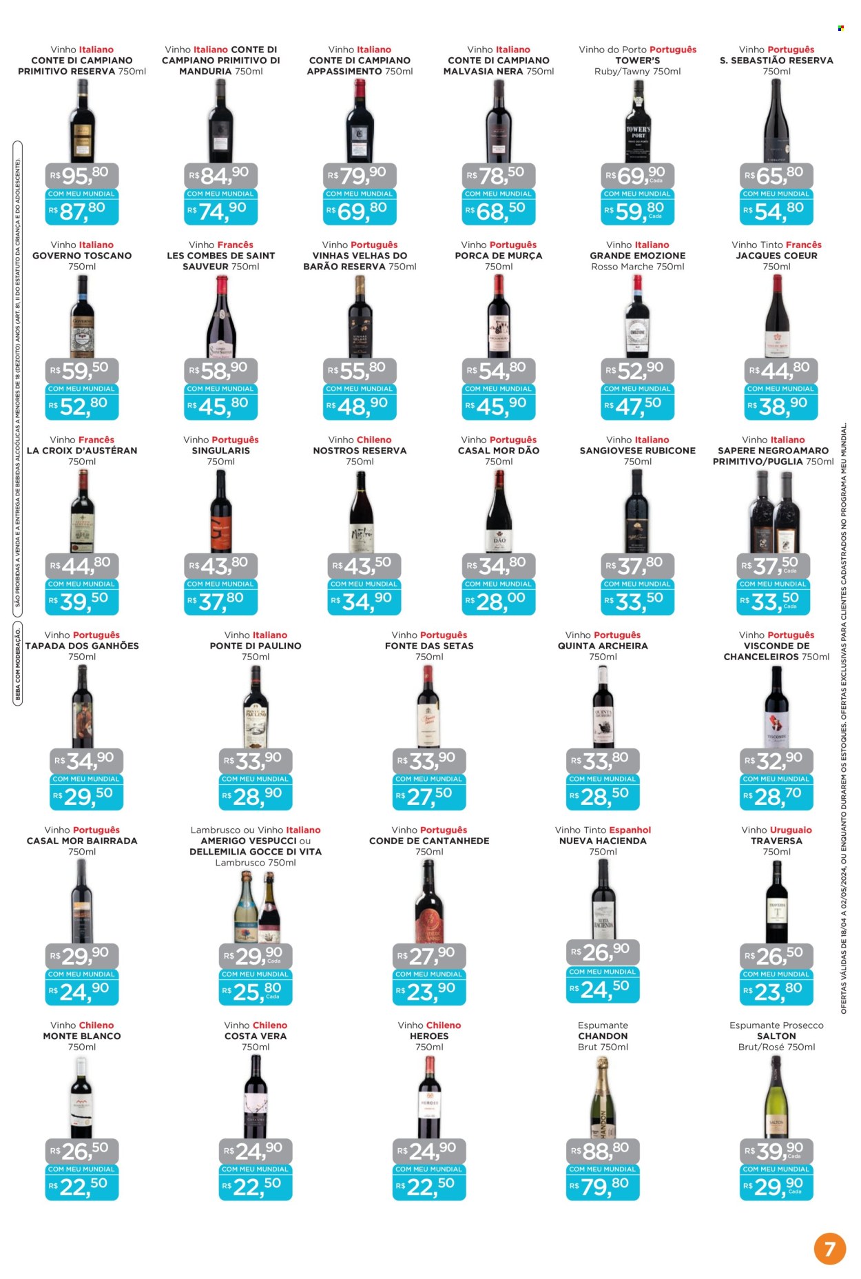 thumbnail - Folheto Supermercados Mundial - 18/04/2024 - 02/05/2024 - Produtos em promoção - bebida alcoólica, vinho, espumante, prosecco, vinho chileno, vinho italiano, vinho português, vinho tinto, lambrusco, Salton, vinho do Porto, Martini Rosso. Página 7.