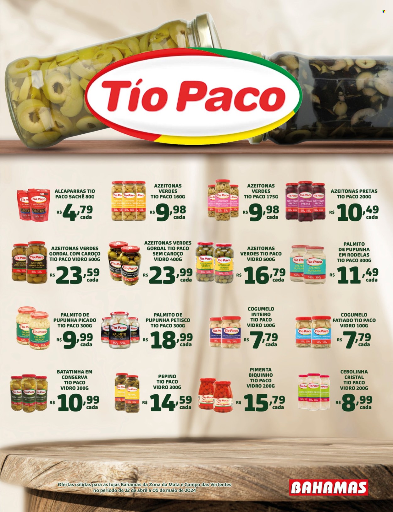 thumbnail - Folheto Bahamas Supermercados - 22/04/2024 - 05/05/2024 - Produtos em promoção - azeitona, cebolinha, pepino, cogumelo, palmito de pupunha. Página 3.