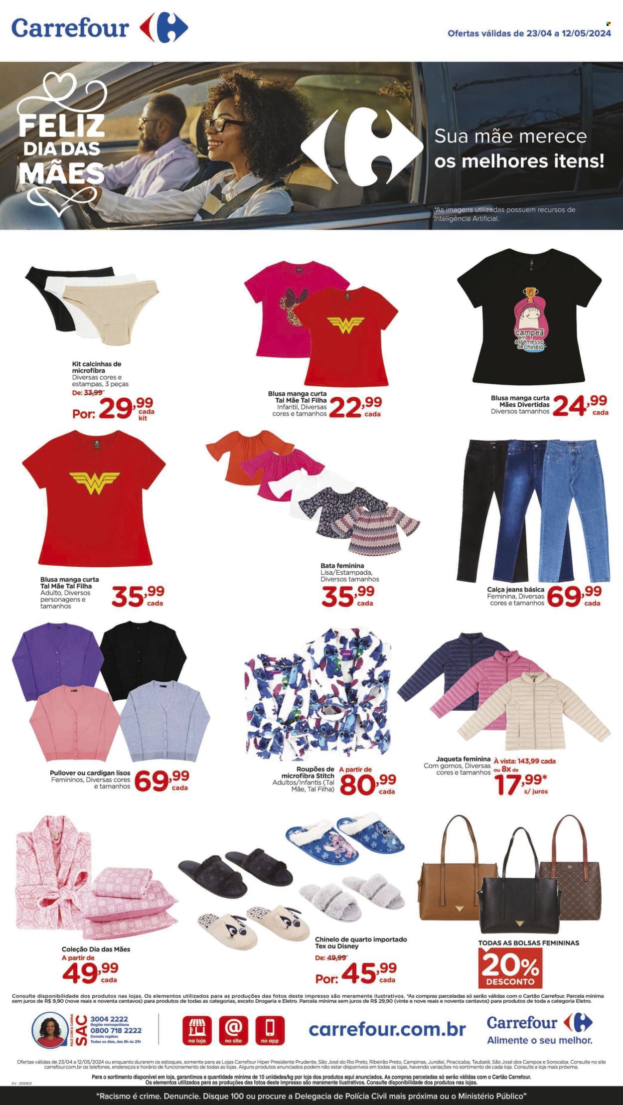 thumbnail - Folheto Carrefour Hiper - 23/04/2024 - 12/05/2024 - Produtos em promoção - Disney, chaqueta, calça, jeans, calça jeans, blusa, cardigan, cuecas, chinelo. Página 8.