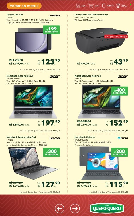 thumbnail - Folheto Quero Quero - 23/04/2024 - 04/05/2024 - Produtos em promoção - Samsung, notebook, Lenovo, Samsung Galaxy, PC portátil, Acer, impressora. Página 13.
