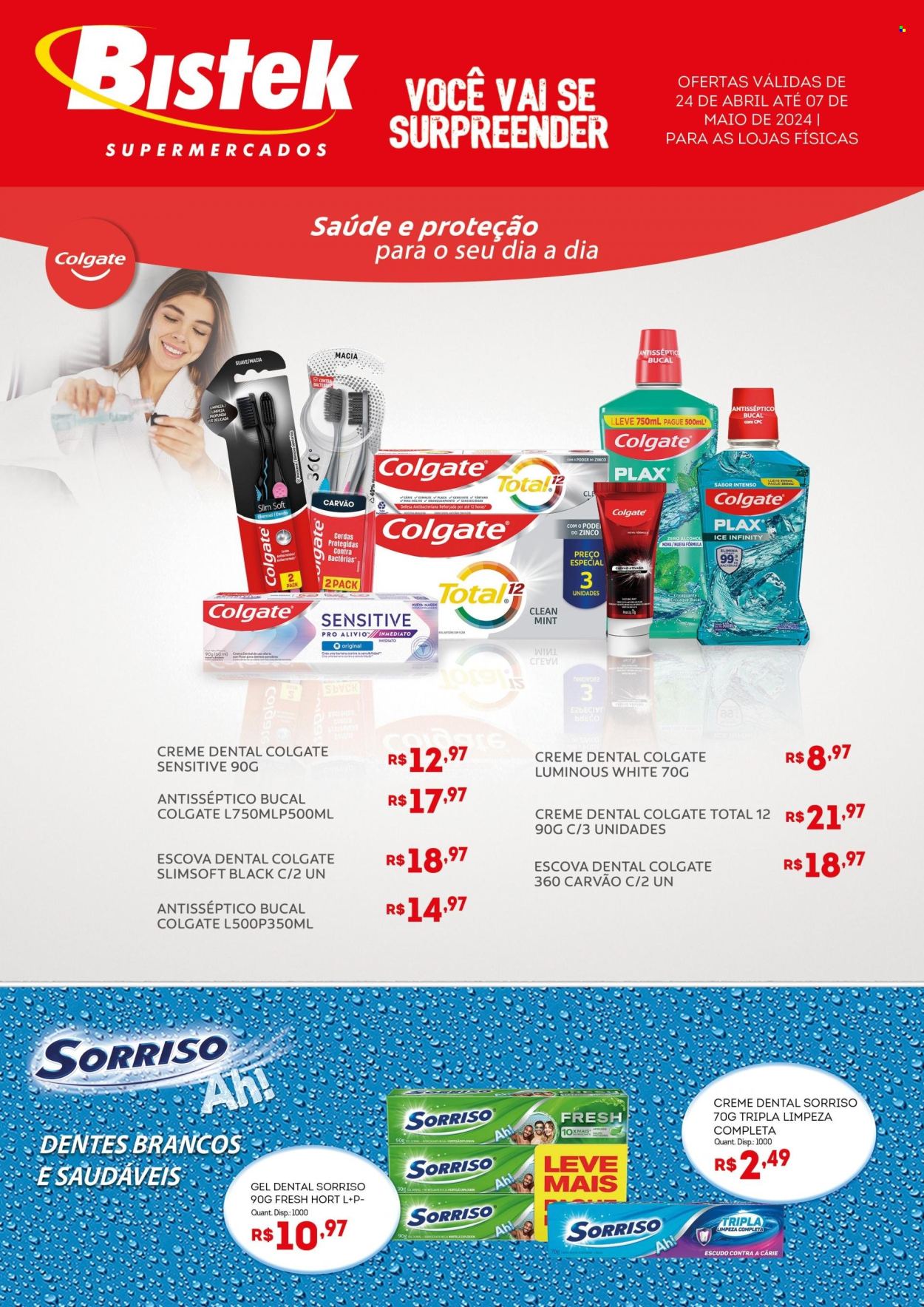 thumbnail - Folheto Bistek Supermercados - 24/04/2024 - 07/05/2024 - Produtos em promoção - hortelã, escova, creme, Colgate, gel dental, escova dental, crema dental, enxaguante. Página 1.