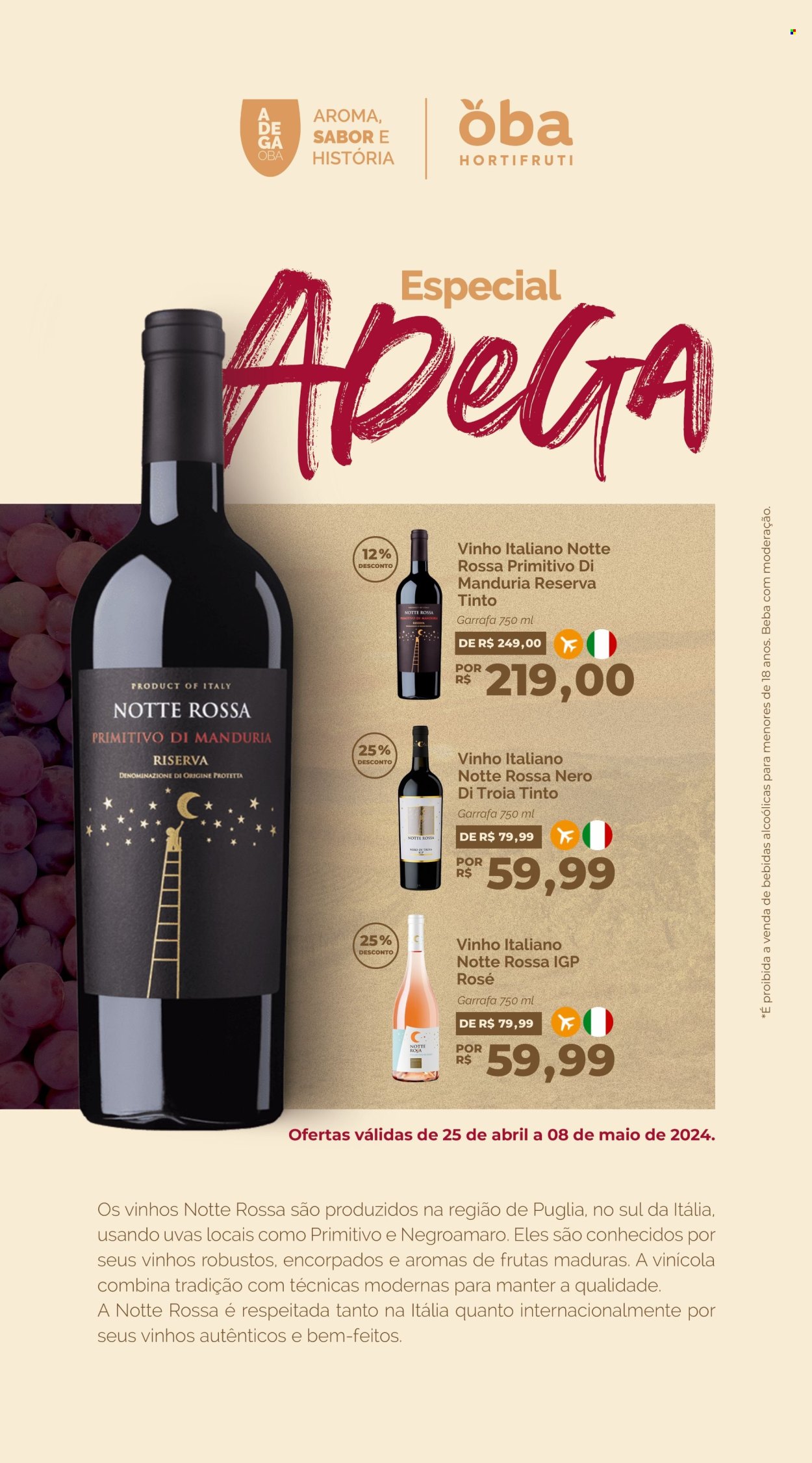 thumbnail - Folheto Oba Hortifruti - 25/04/2024 - 08/05/2024 - Produtos em promoção - bebida alcoólica, uva, vinho, vinho italiano. Página 1.