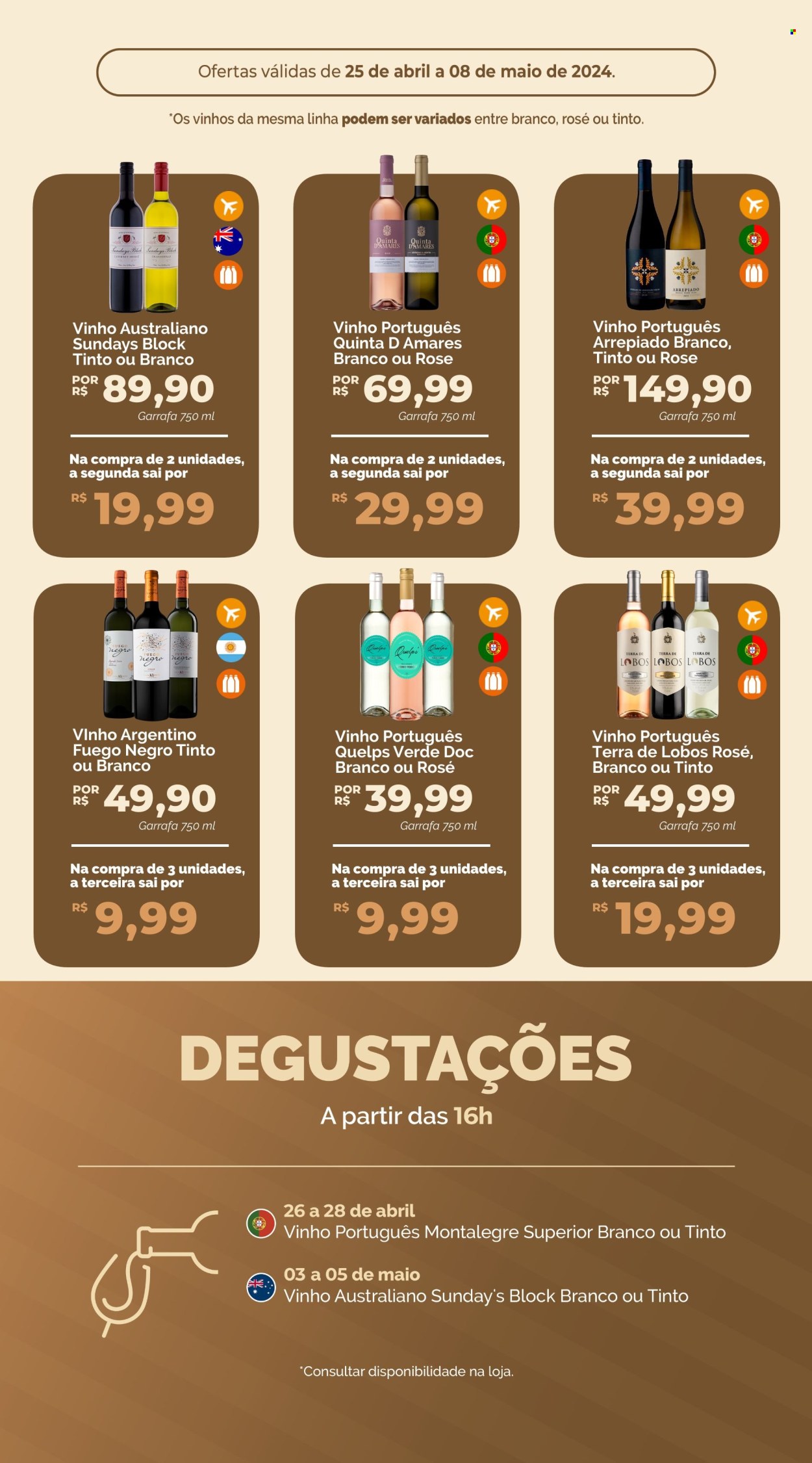 thumbnail - Folheto Oba Hortifruti - 25/04/2024 - 08/05/2024 - Produtos em promoção - bebida alcoólica, vinho, Chardonnay, vinho argentino, vinho branco, vinho português, cabernet. Página 3.
