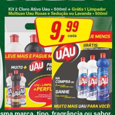 Kit 2 Cloro Ativo Uau + 500ml + Grátis 1 Limpador Multiuso Uau Rosas e Sedução ou Lavanda - 500ml