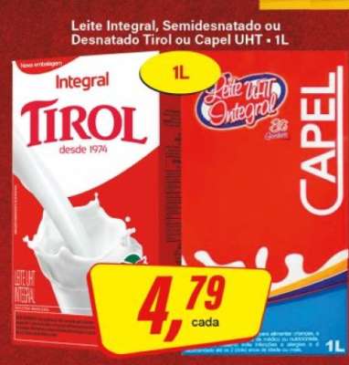 Leite Integral, Semidesnatado ou Desnatado Tirol ou Capel UHT