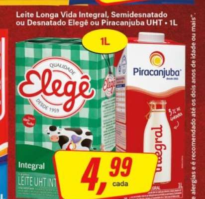 Leite Longa Vida Integral, Semidesnatado ou Desnatado Elegê ou Piracanjuba UHT